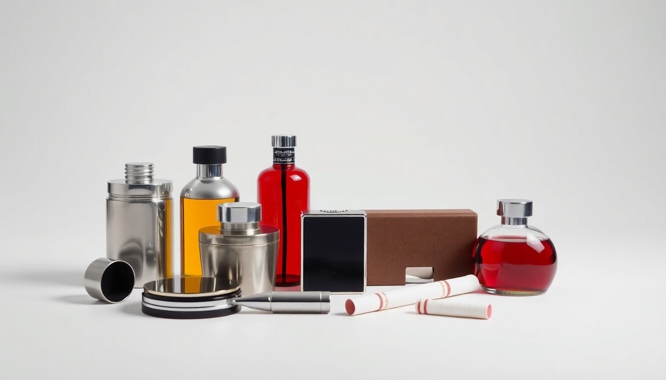 A minimalist, photorealistic studio still life featuring a collection of premium, polished objects arranged on a clean, monochromatic background, conceptually representing the abstract corporate strategy and financial implications of Rhode Island's upcoming casino smoking ban.