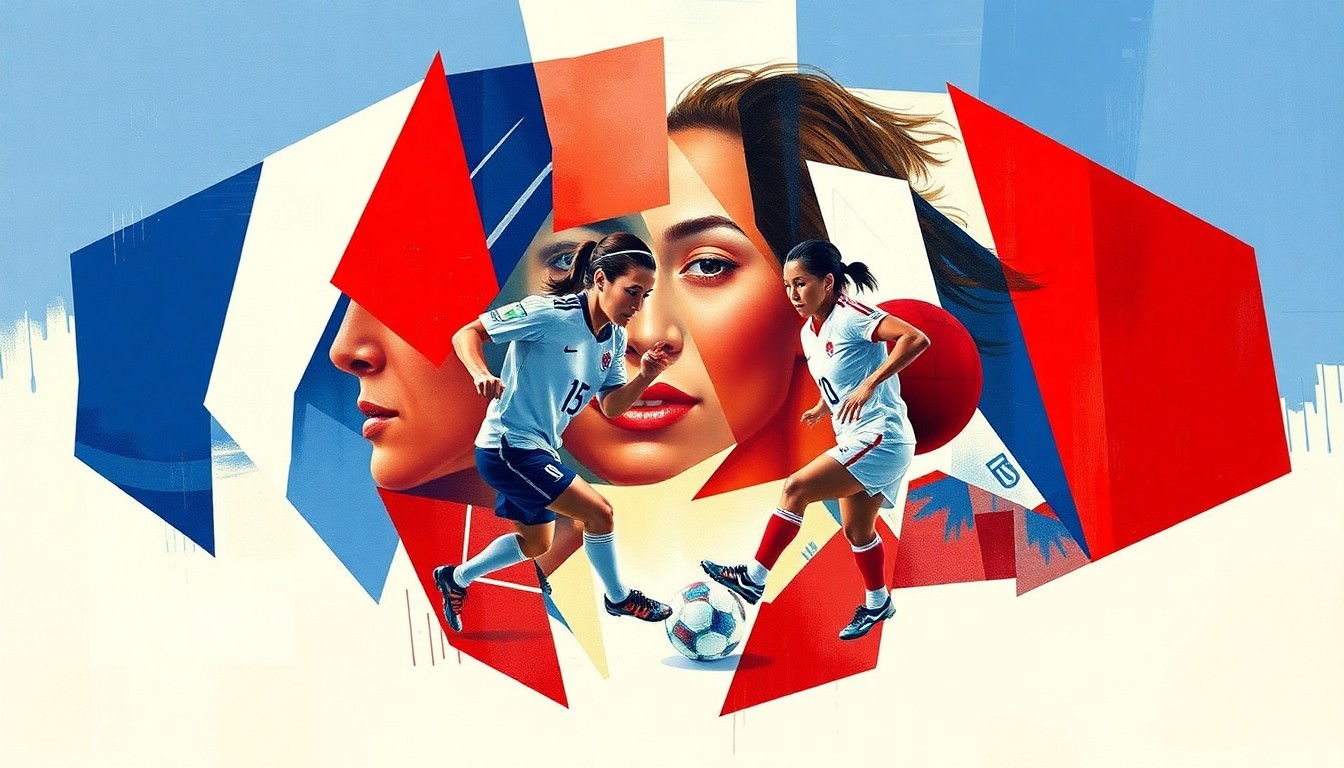 A cubist, geometric painting depicting the dynamic action of a women's soccer match, with overlapping planes of red, white, and blue representing the competing teams.