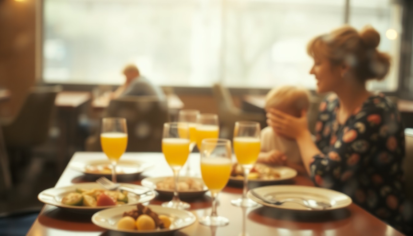 An impressionistic, out-of-focus scene of a brunch table with plates of food, mimosa glasses, and the blurred silhouettes of a mother and child, conveying the warm, celebratory atmosphere of Mother's Day.