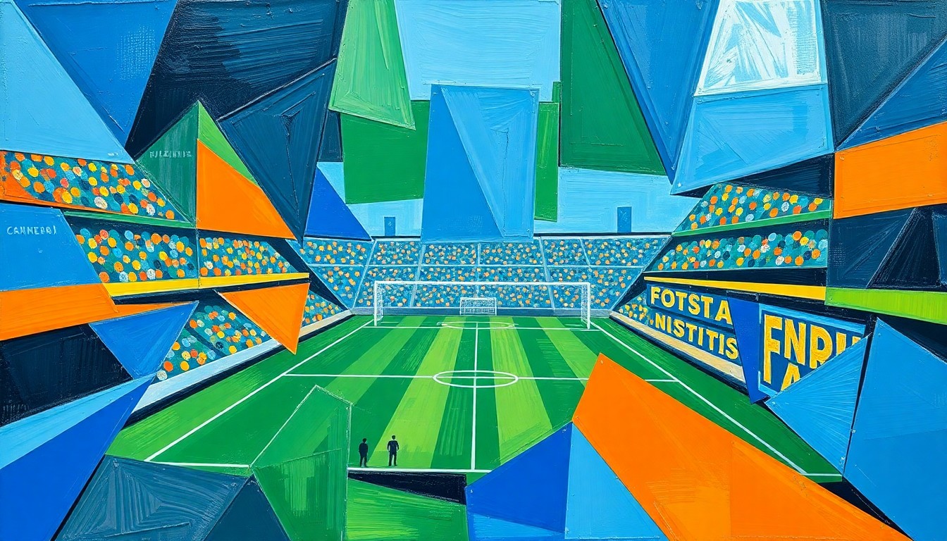 A cubist, geometric painting depicting a fragmented football game, with overlapping shapes and planes in shades of blue, green, and orange, conceptually representing the tensions and complexities of the Giants' contract negotiations with Dexter Lawrence.