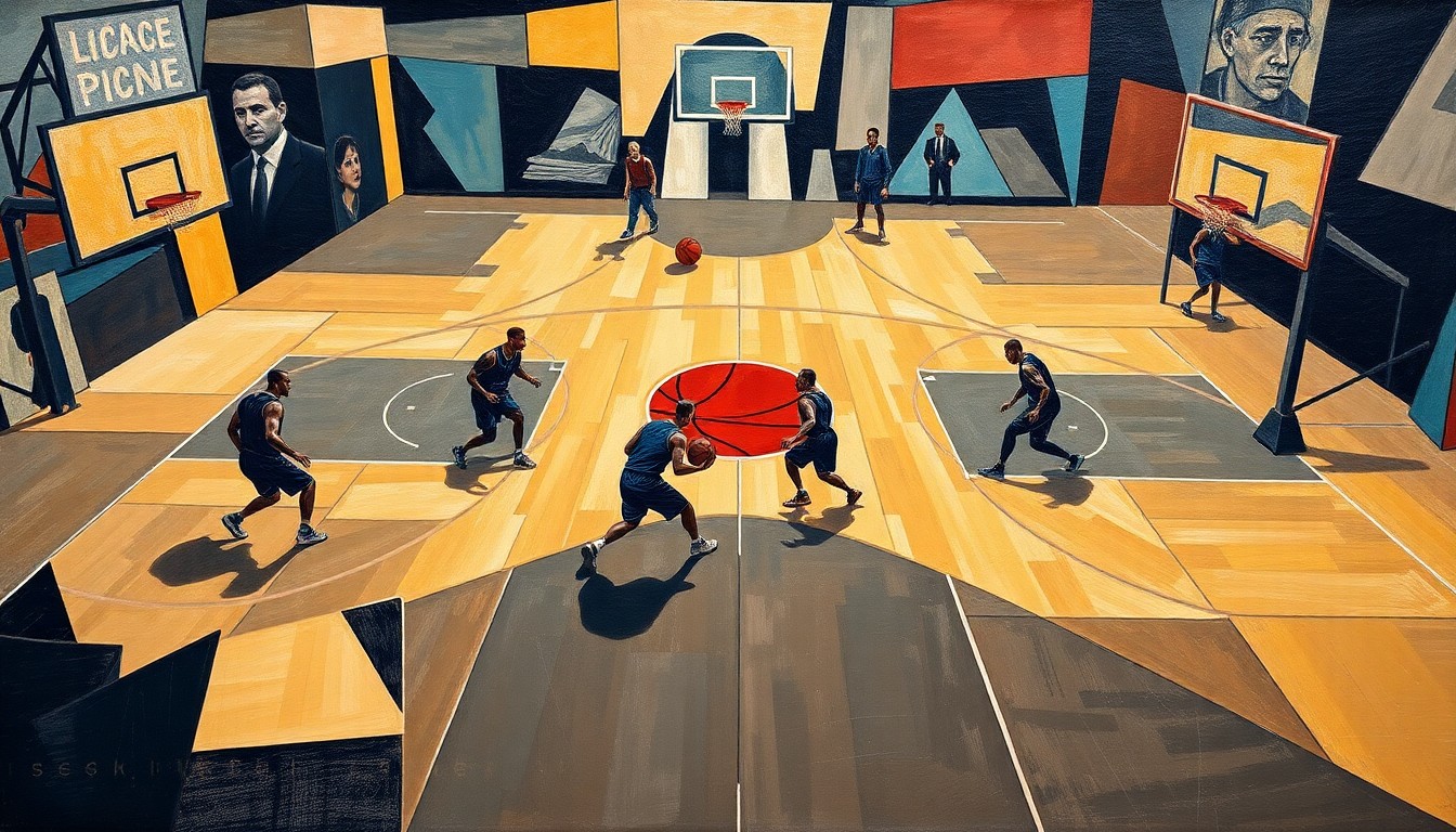 A cubist, geometric painting depicting the basketball court and players in an abstracted, fragmented style, with sharp angles and overlapping planes representing the intensity and physicality of the game.