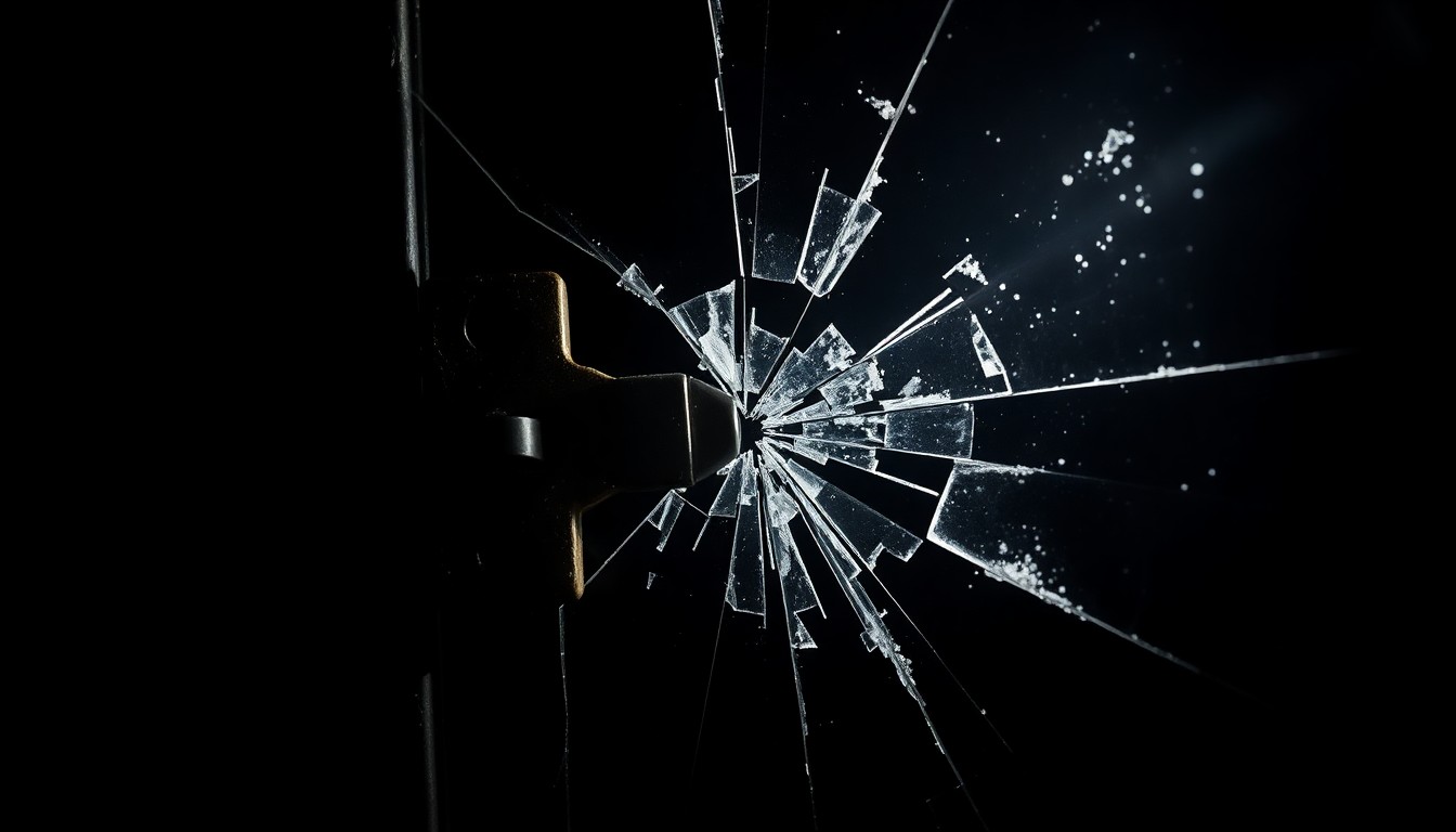 An extreme close-up of a shattered window pane reflecting a harsh, direct camera flash, conceptually illustrating the aftermath of a break-in incident.