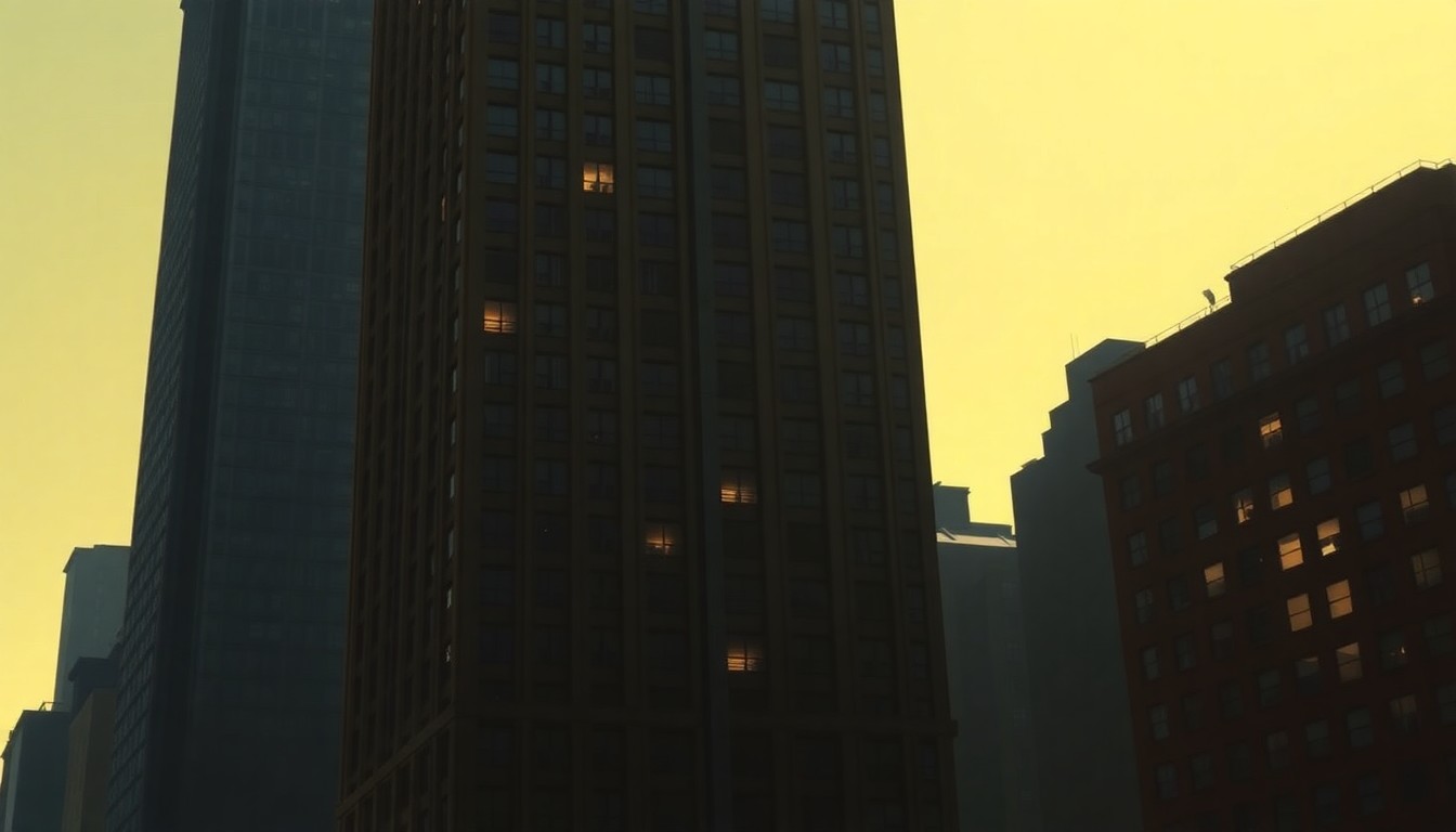 A serene, cinematic painting of a tall, elegant apartment building in New York City, with warm sunlight streaming through the windows and deep shadows cast across the facade, capturing a sense of solitude and exclusivity.