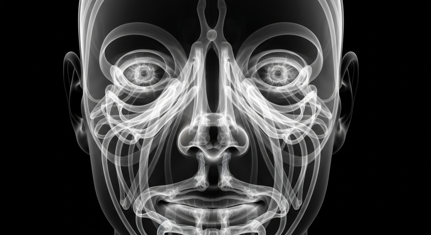 An extreme close-up X-ray image revealing the intricate bone and tissue structure of a human face, glowing against a dark background and conceptually representing the rejuvenating power of JASI's skin treatments.
