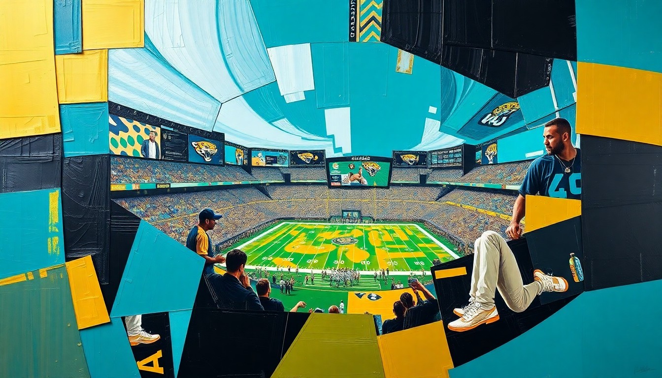 A cubist, geometric painting depicting fragmented, overlapping shapes and planes in the team colors of the Jacksonville Jaguars, representing the passionate discussion around the team's draft decisions.