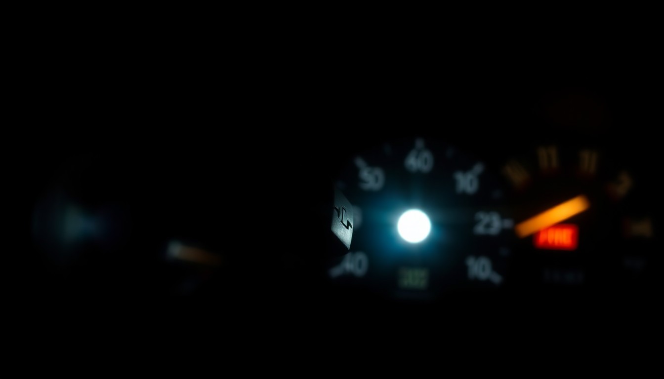 An extreme close-up photograph of a damaged car sensor or dashboard component, lit by a harsh, direct camera flash against a pitch-black background, conceptually illustrating the aftermath of a high-speed collision.