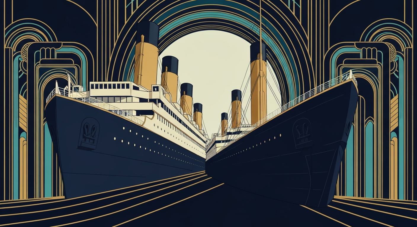 A bold, geometric Art Deco-style illustration depicting the grand, sweeping silhouette of the RMS Titanic, rendered in a palette of navy, teal, and gold to capture the elegance and tragedy of the legendary ship.