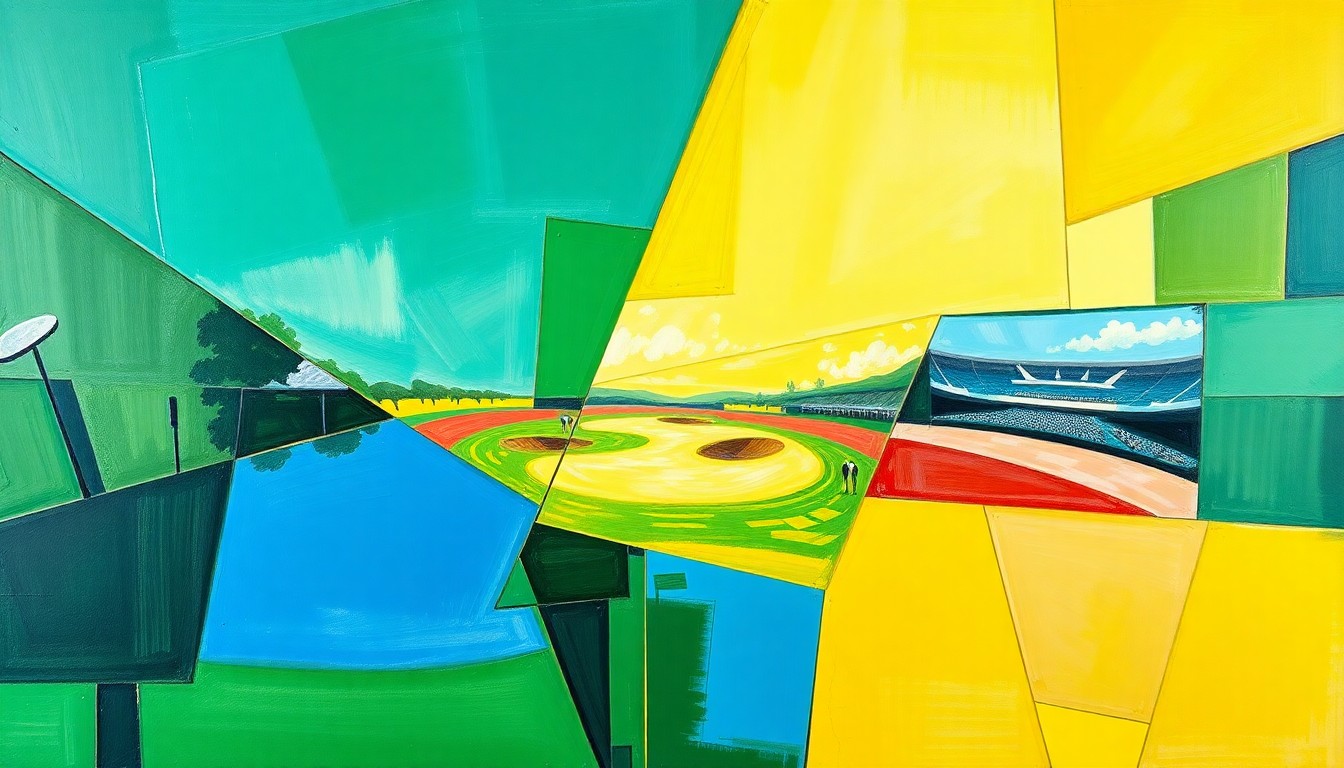 A fractured, geometric painting in vibrant colors depicting a golf tournament or match, with sharp, overlapping planes representing the dynamic action of the competition.