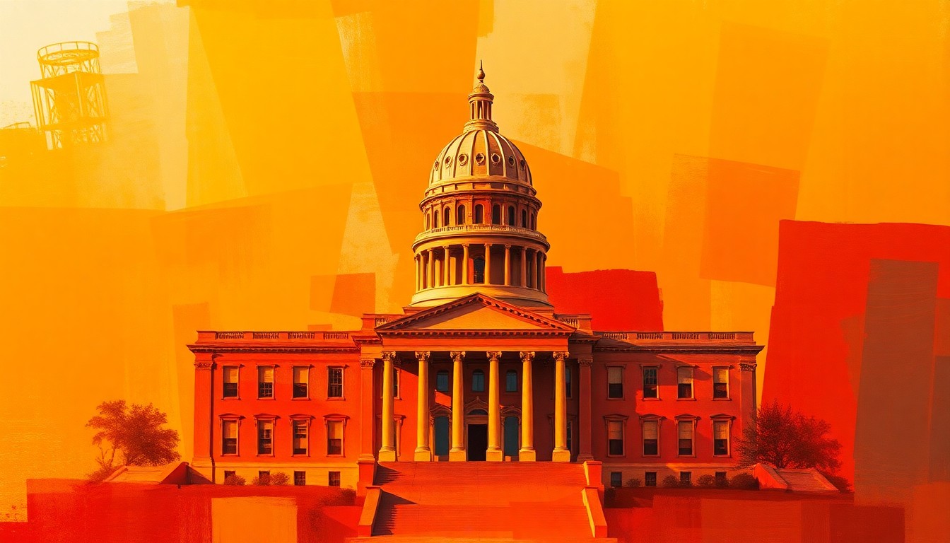 A highly textured, fragmented painting of a state capitol building in warm, overlapping brushstrokes of orange, red, and yellow, conceptually representing the political tensions and shifting power dynamics around redistricting in Florida.