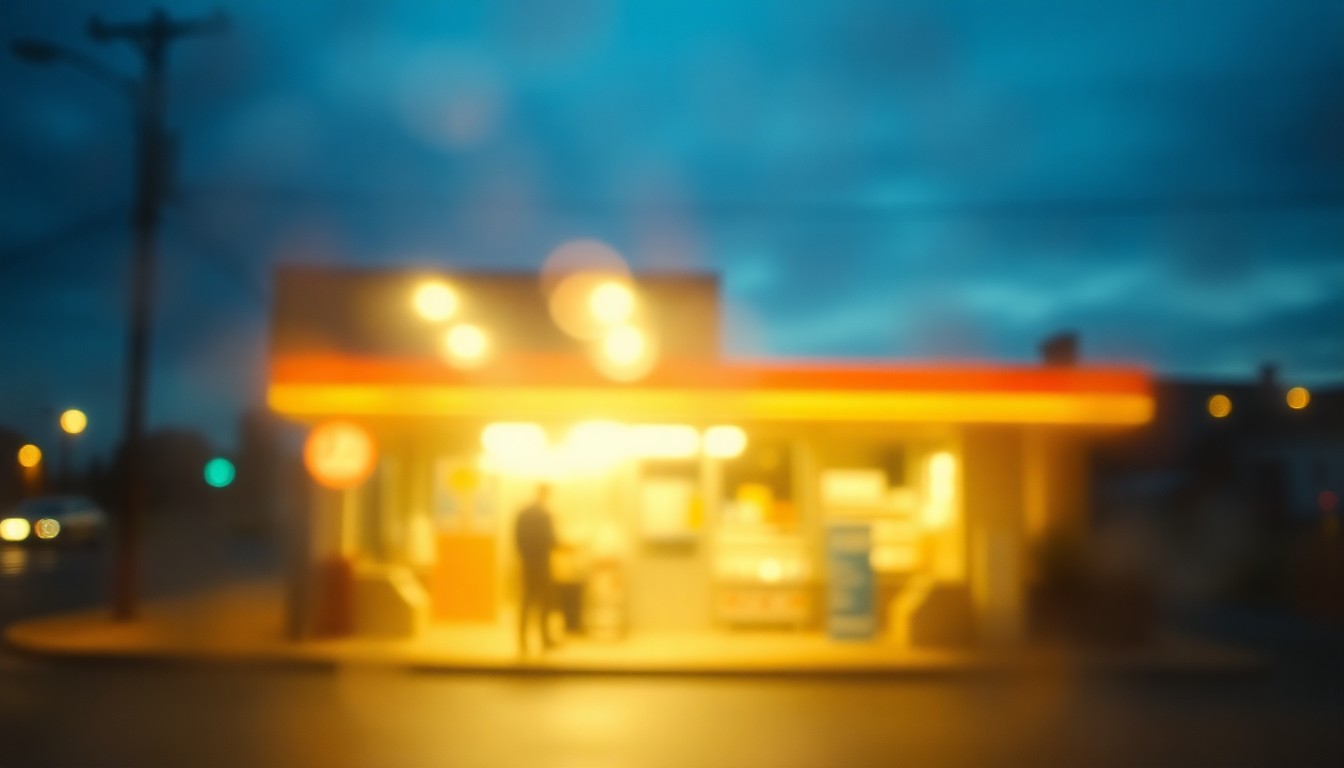An impressionistic, out-of-focus photograph depicting the exterior of a small-town convenience store at dusk, with soft pools of warm light and color creating a nostalgic, atmospheric scene.