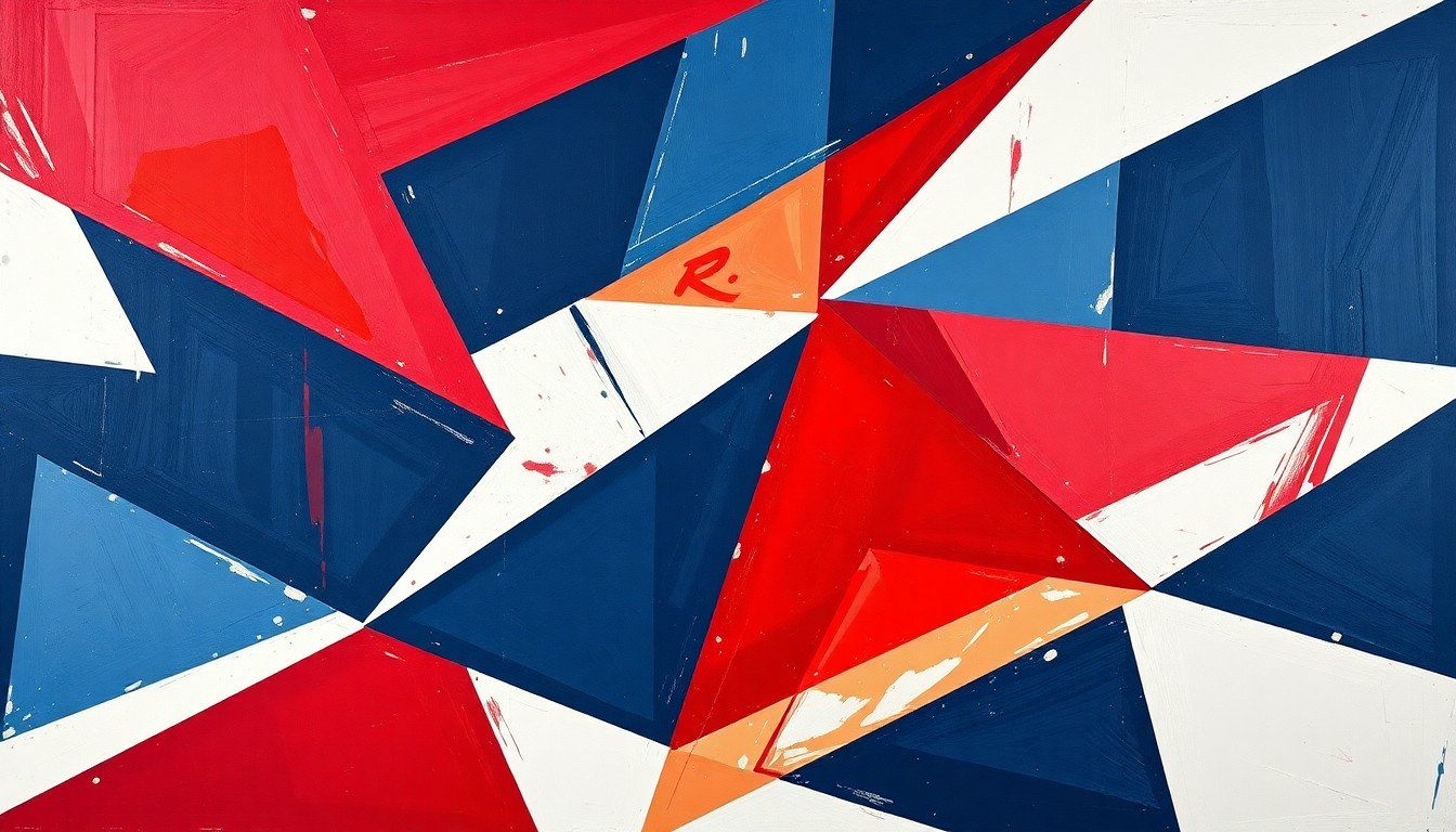 A fragmented, geometric painting in bold red, blue, and white hues, capturing the dynamic energy and movement of a women's basketball game in an abstract, deconstructed style.