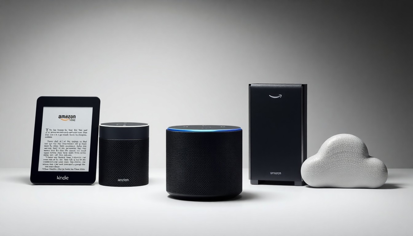 A high-end, photorealistic studio still-life photograph featuring a neatly arranged composition of premium, polished objects like an e-reader, smart speaker, and server, conveying Amazon's corporate power and influence through dramatic lighting and shadows.