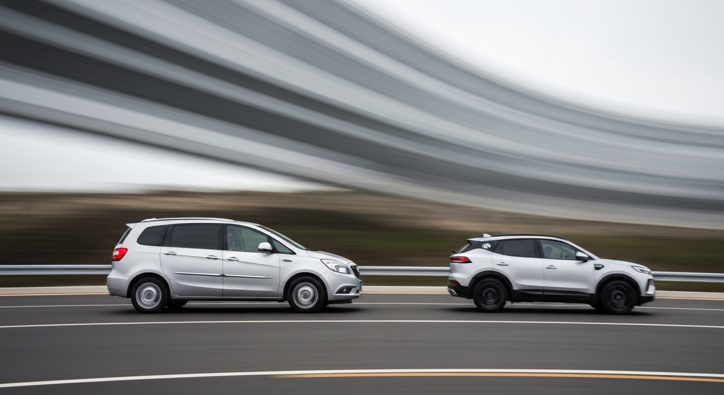 An abstract, blurred image of a Buick MPV and Nio SUV in motion, conveying the dynamic competition and shifting consumer preferences in China's automotive industry.