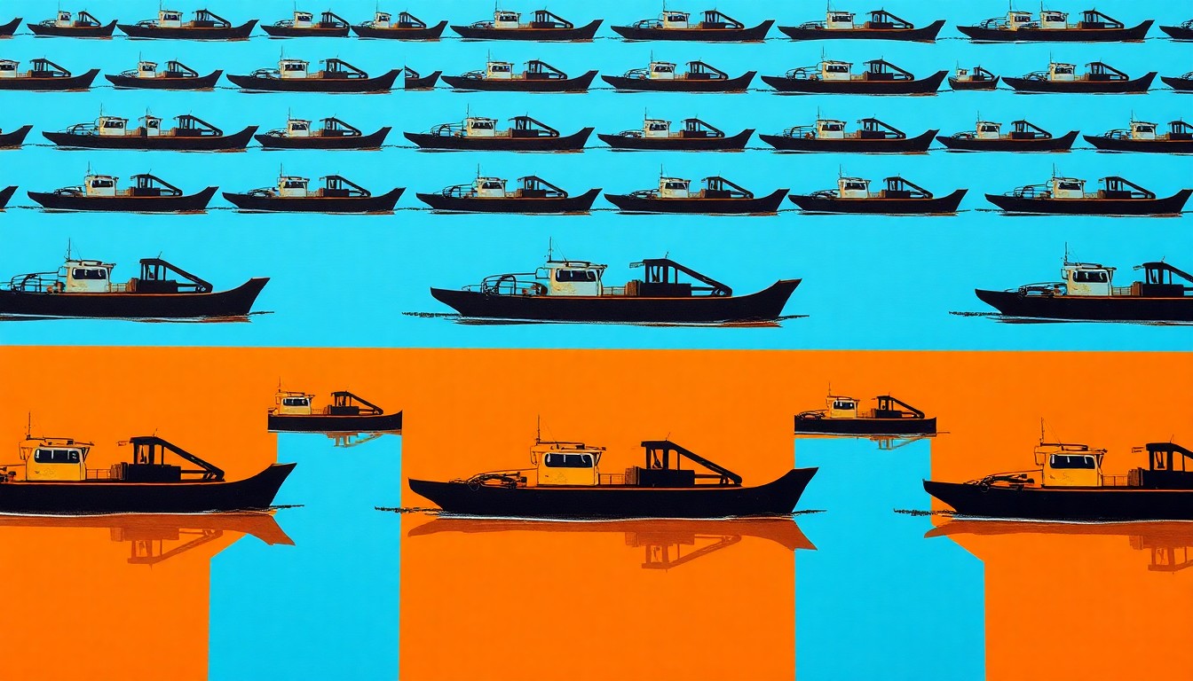 A brightly colored, high-contrast silkscreen print of a single, iconic dredging machine repeated in a tight grid pattern, utilizing flat, vibrant, and unnatural neon color palettes overlapping with heavy black photographic outlines to turn the engineering feat behind Cape Coral's canals into modern pop art.