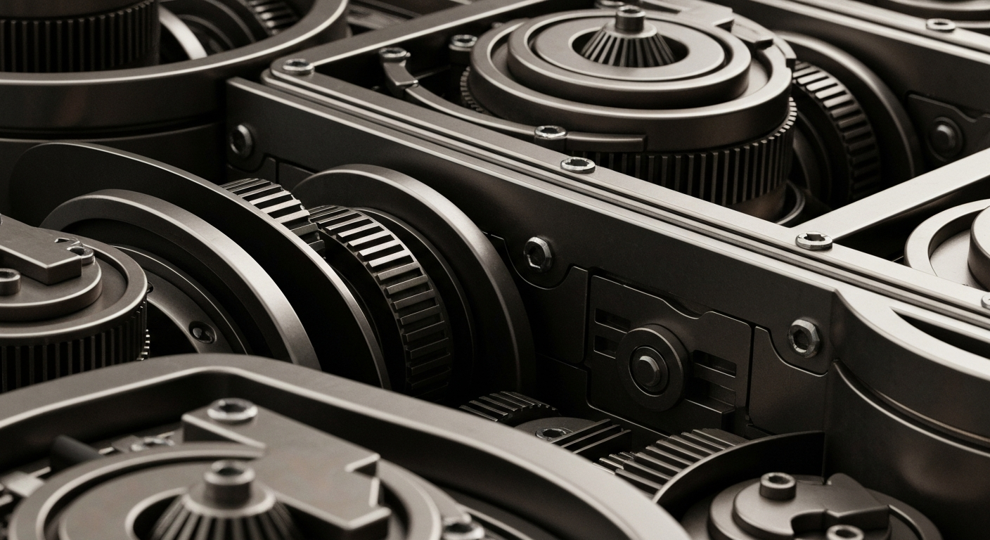 An extreme close-up of complex, interlocking gears and levers in a banking vault, conveying the strength and security of financial institutions.