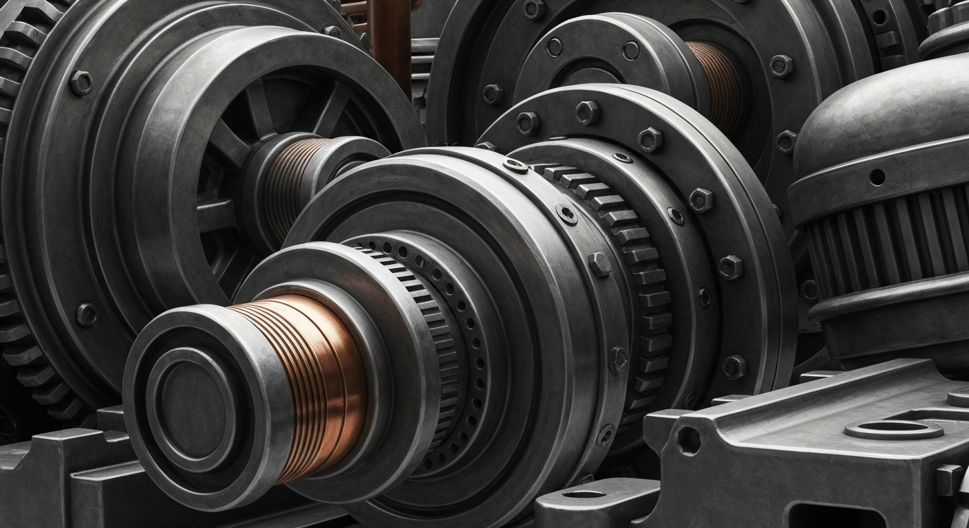 A cinematic close-up of intricate, industrial machinery and mechanical components in muted tones of steel grey, copper, and black, conveying the financial infrastructure and institutional power of the tobacco industry.