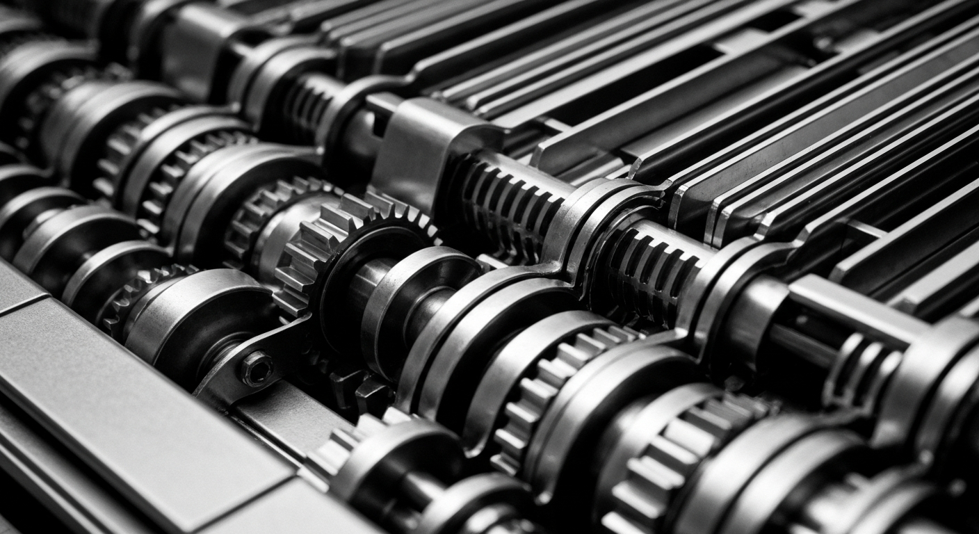 A high-contrast black and white close-up image of the intricate gears and components of a financial transaction processing machine, conveying the complex infrastructure behind digital money transfers.