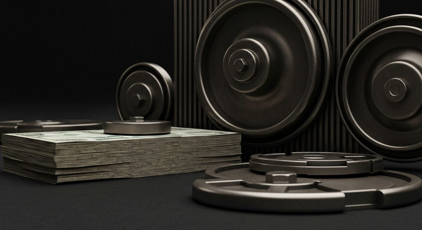 An extreme close-up of intricate, industrial-looking financial machinery and equipment, conveying a sense of power, security, and technological sophistication in the banking and finance sector.