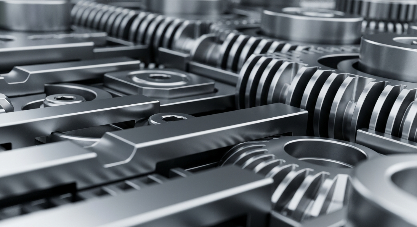 An extreme close-up of complex, interlocking metal machinery in shades of silver and grey, conveying the industrial might and technological sophistication of semiconductor manufacturing equipment.