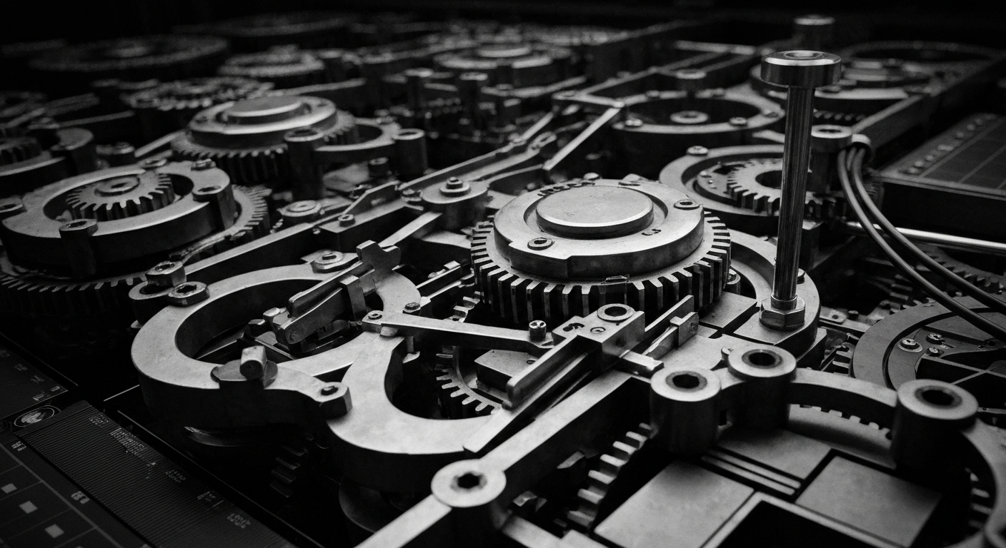 A high-contrast, cinematic close-up of the inner workings of an electronic trading platform, with gears, levers, and mechanisms in motion, conveying the complex financial infrastructure that powers modern markets.