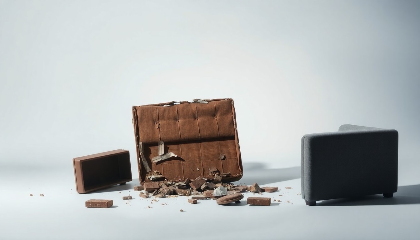A close-up photograph of a partially disassembled piece of furniture in muted tones of brown and gray, resting on a clean white background, conveying a sense of disappointment and frustration with the product.