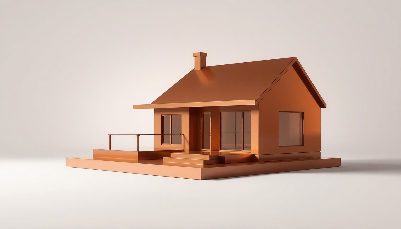 A photorealistic studio still-life image featuring a polished, geometric metal model home sculpture in warm metallic tones, dramatically lit from the side on a clean white background to symbolize the stability and growth of the housing market.