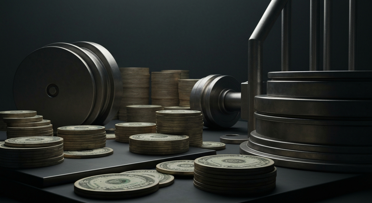 An extreme close-up of intricate, industrial-looking financial machinery and equipment, conveying a sense of the complex inner workings of the banking system.