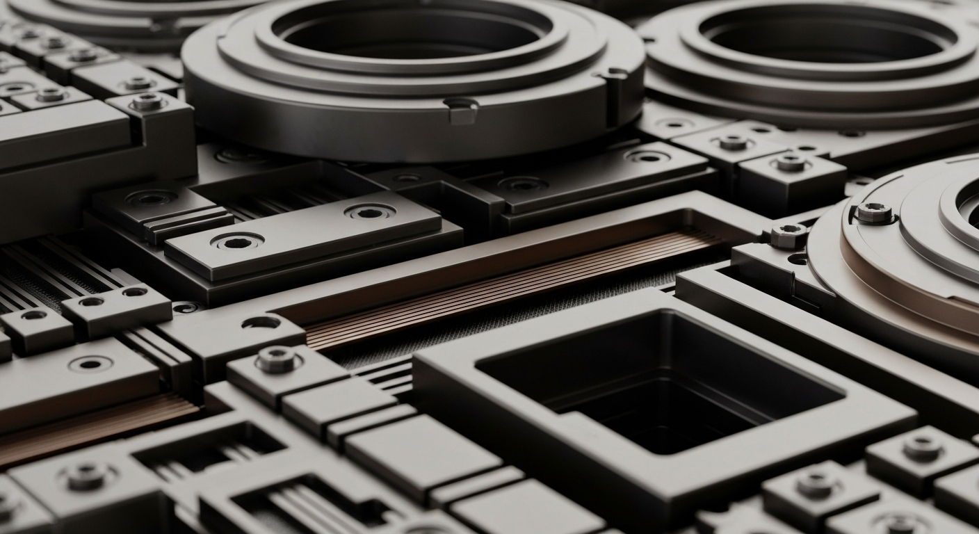 An extreme close-up of intricately engineered, heavy-duty metal components in shades of grey, bronze, and black, representing the complex financial infrastructure and data storage technology that powers the modern economy.