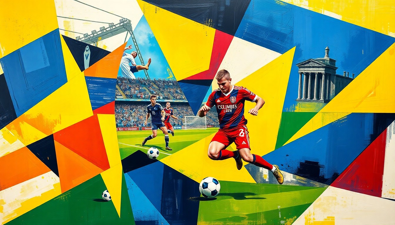 A cubist, geometric painting depicting a fragmented soccer match between the Columbus Crew and Richmond Kickers, with their team colors of navy, gold, red, and white colliding in an abstract, multi-angled composition.