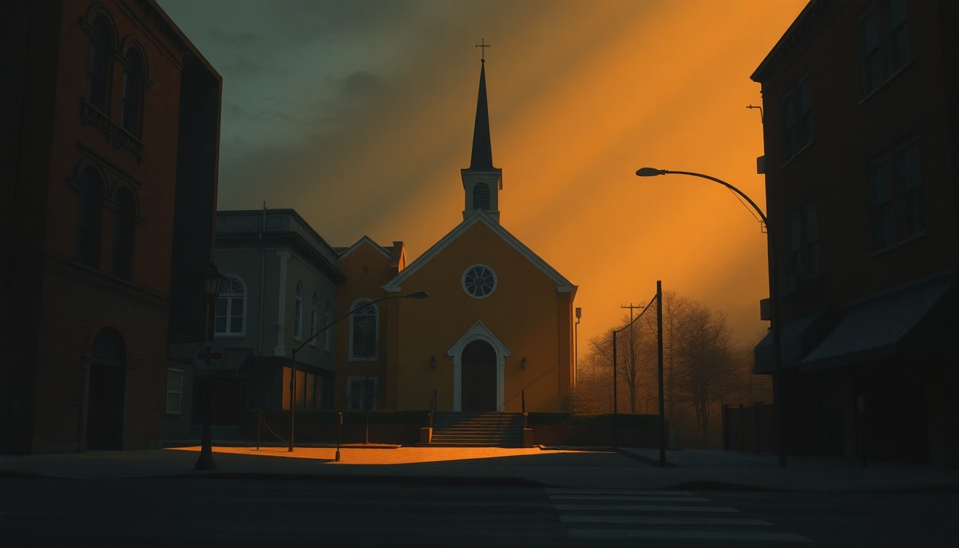 A moody, cinematic painting of a solitary Catholic church in a dimly lit urban setting, with warm sunlight casting long shadows across the scene, conveying a sense of quiet contemplation and the tensions surrounding the intersection of religion and politics.