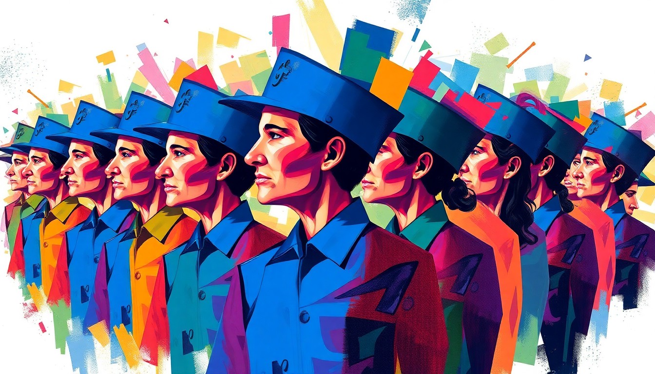 A dynamic, abstract painting of a person in a government or nonprofit uniform, their figure repeated and overlapping in waves of vibrant colors and geometric shapes, conveying the sense of political turmoil and uncertainty surrounding the future of the Public Service Loan Forgiveness program.