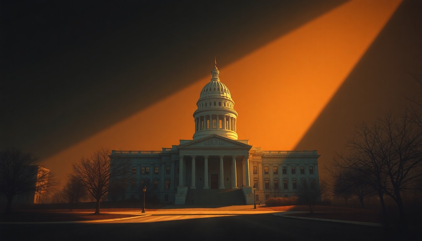 A serene, cinematic painting of a state capitol building in warm, golden light, conveying a sense of political tension and economic uncertainty.