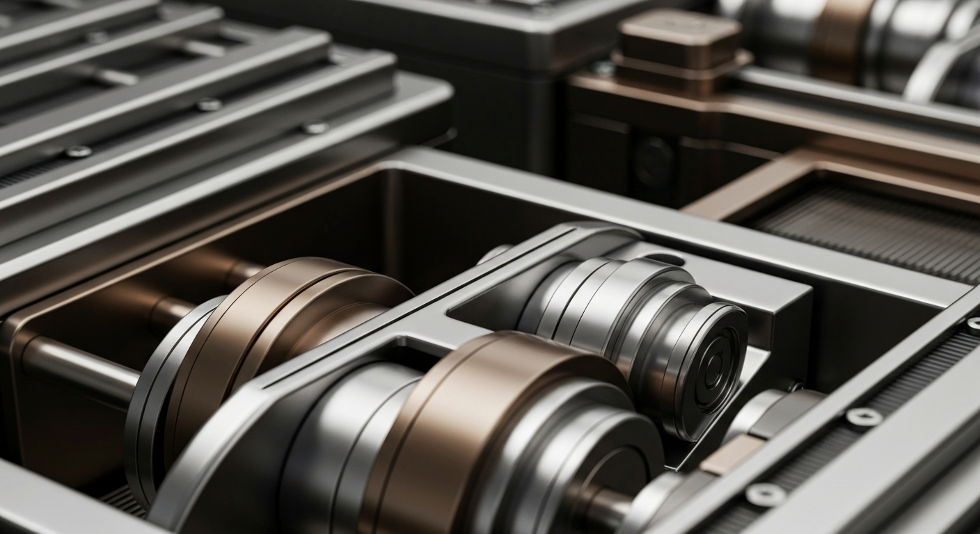 A dramatic close-up of gleaming, complex banking machinery and equipment, conveying the secure, powerful infrastructure of global finance and wealth management without using any text or symbols.