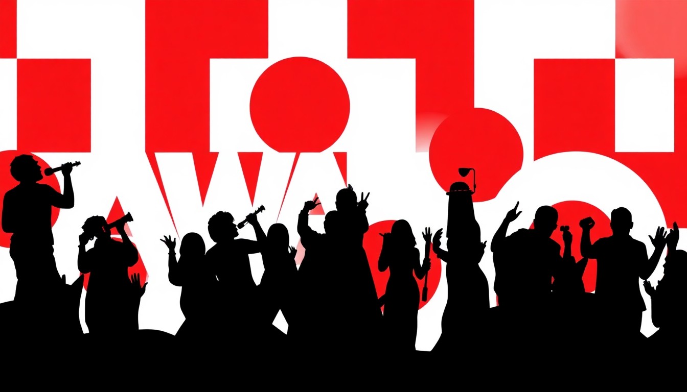 A striking black silhouette of a microphone against a bright red background, conveying the power and energy of a major music awards show.