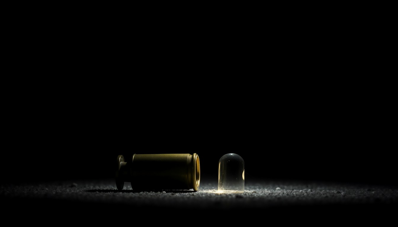 An extreme close-up photograph of a spent shell casing on the ground, capturing the stark, gritty details of the crime scene.