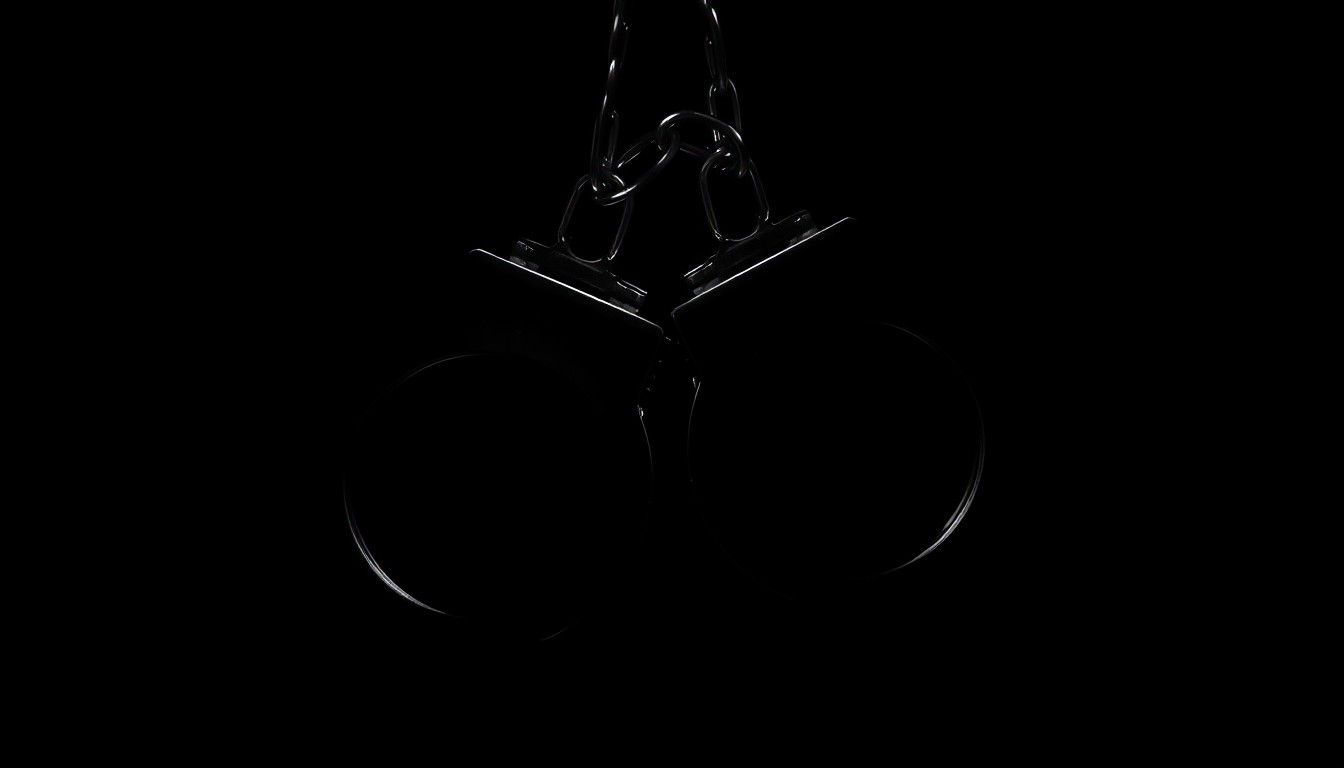 An extreme close-up photograph of a pair of handcuffs against a pitch-black background, creating a stark, gritty, investigative aesthetic.