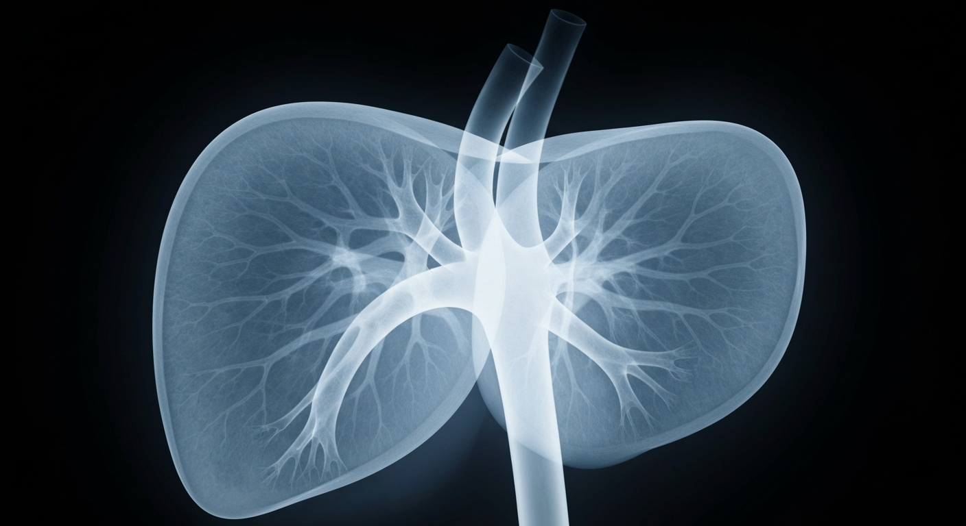 A ghostly, translucent X-ray image showing the internal structure of a human liver, conceptually representing the medical error that led to a patient's death.