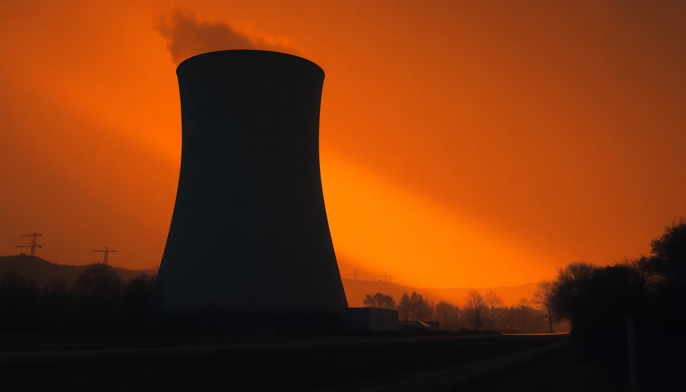 A serene, photorealistic painting of a nuclear reactor cooling tower in warm, golden light, conveying a sense of cautious optimism about the potential for diplomatic progress on the Iran nuclear issue.