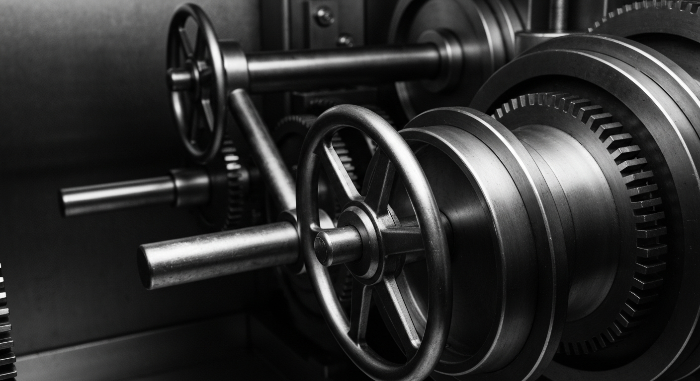 A high-contrast black and white close-up image of the gears, levers, and machinery inside a bank vault, representing the secure, institutional nature of finance without using literal currency or charts.