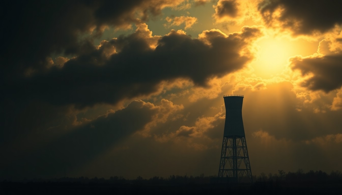A dimly lit, cinematic painting of a lone nuclear power plant tower silhouetted against a cloudy sky, bathed in warm, diagonal sunlight and deep shadows, conceptually illustrating the debate over nuclear power's place in New York's climate plans.