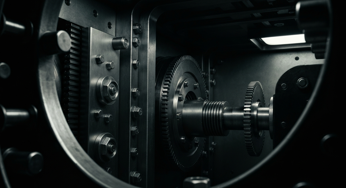An extreme close-up of the gears, levers, and polished metal components that make up the secure inner workings of a bank vault, conveying a sense of the physical infrastructure and industrial power behind the financial sector.
