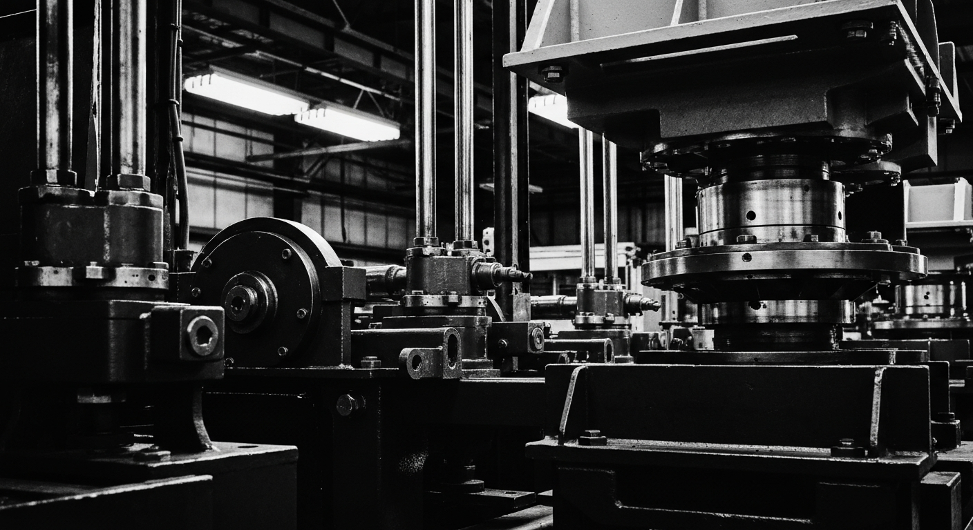 A high-contrast, black-and-white close-up image of the intricate machinery and equipment used in the manufacturing of commercial furniture, conveying the scale and precision involved in producing these products.
