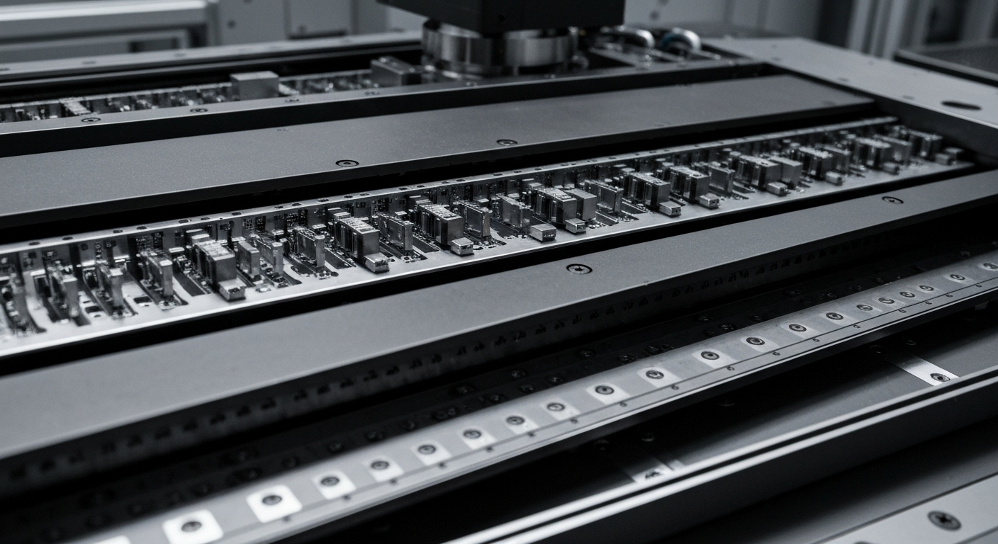 A dramatic, cinematic close-up of intricate, metallic semiconductor manufacturing equipment, conveying the technical sophistication behind Arteris' intellectual property.