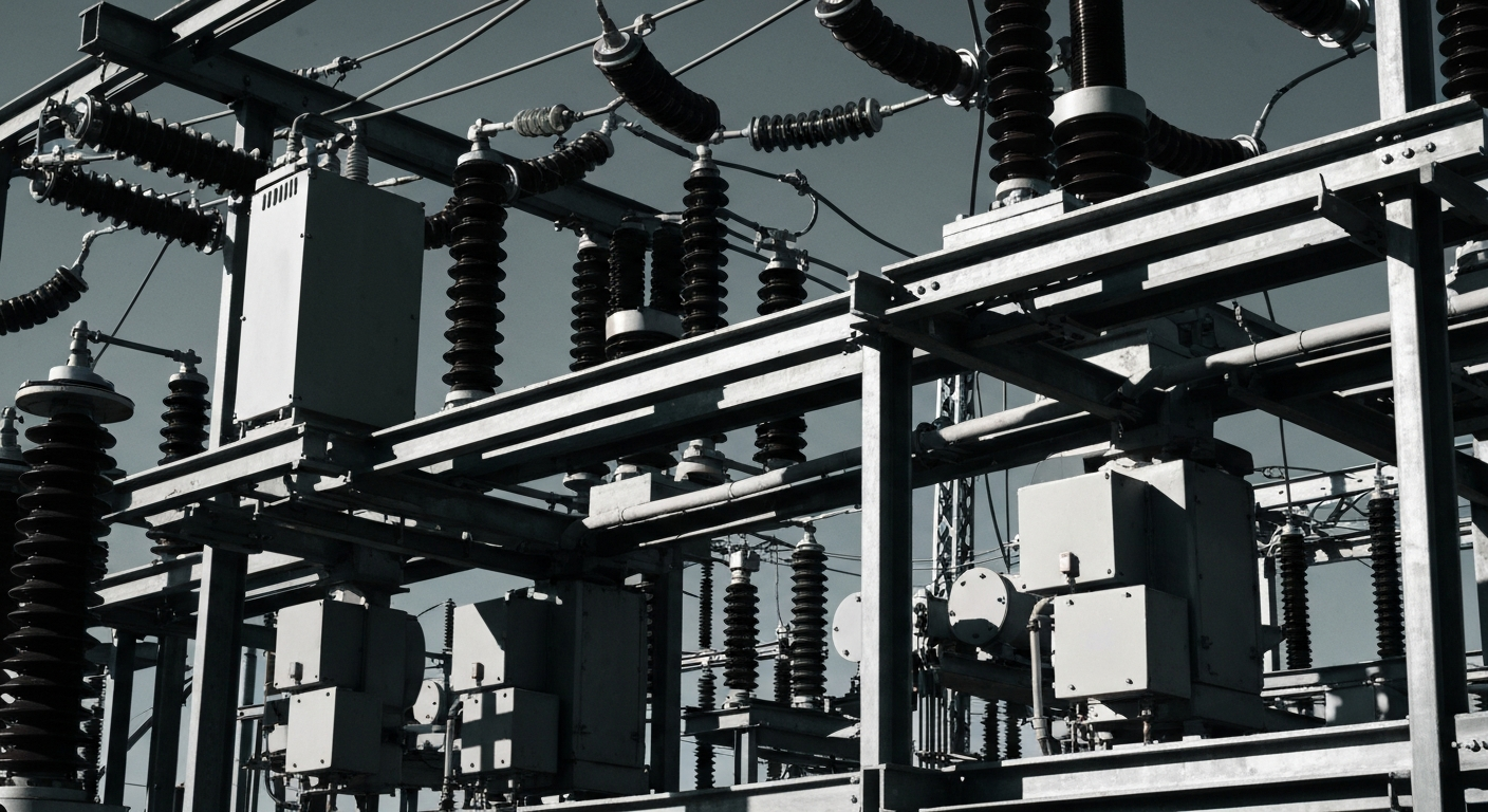 A dramatic close-up of the intricate machinery and heavy-duty components that make up the internal workings of an electrical substation, conveying the industrial might and security of the utility's physical assets.