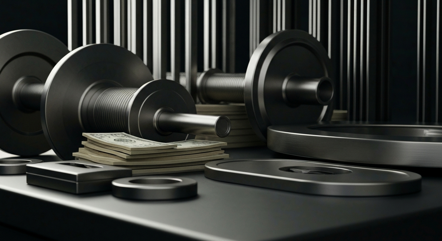 An extreme close-up of intricate gears, levers, and machinery in a banking or financial institution, conveying a sense of power, security, and the unseen forces that drive the economy.