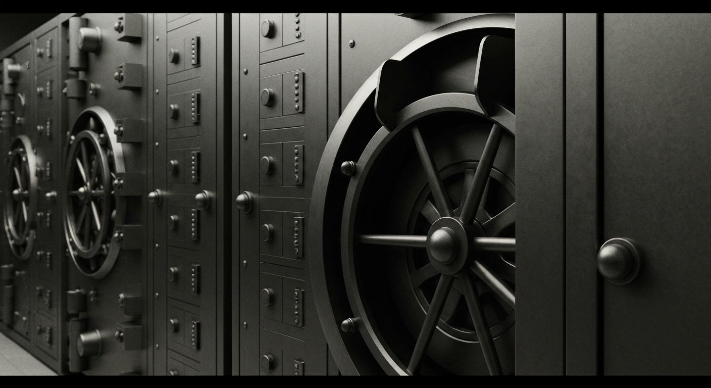 A dramatic close-up of heavy, industrial banking equipment and machinery, conveying a sense of institutional financial security and stability.