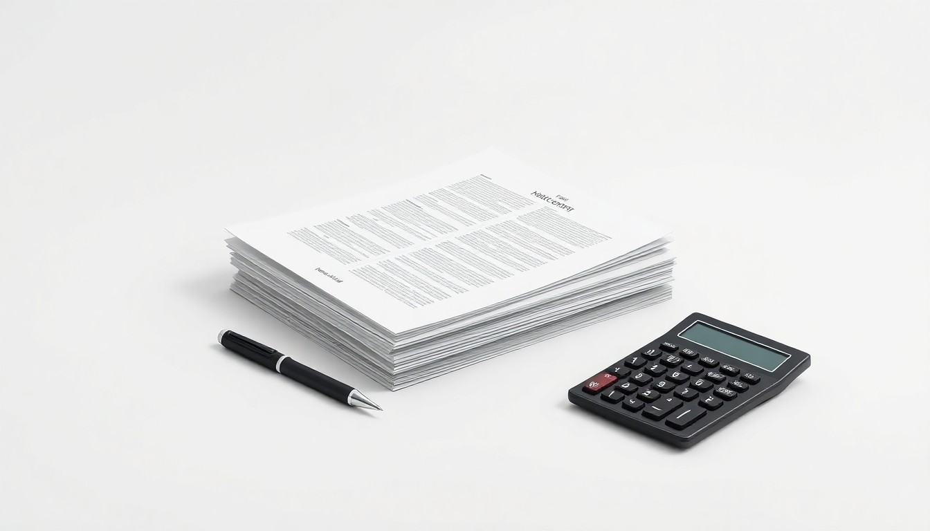 A photorealistic studio still life featuring a stack of financial documents, a pen, and a calculator arranged elegantly on a clean, monochromatic background, conceptually representing the abstract corporate strategy and finance behind a recent insider transaction at Veeva Systems.