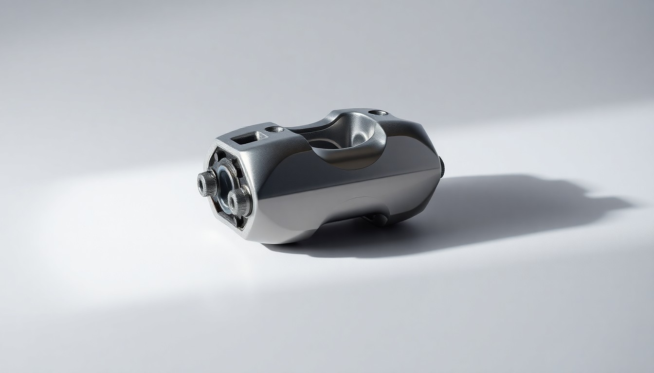 A photorealistic studio still-life photograph featuring a polished metal automotive part, such as a brake caliper or fuel pump, elegantly arranged on a clean, monochromatic background and dramatically lit to conceptually represent the abstract financial implications of the insider transaction.