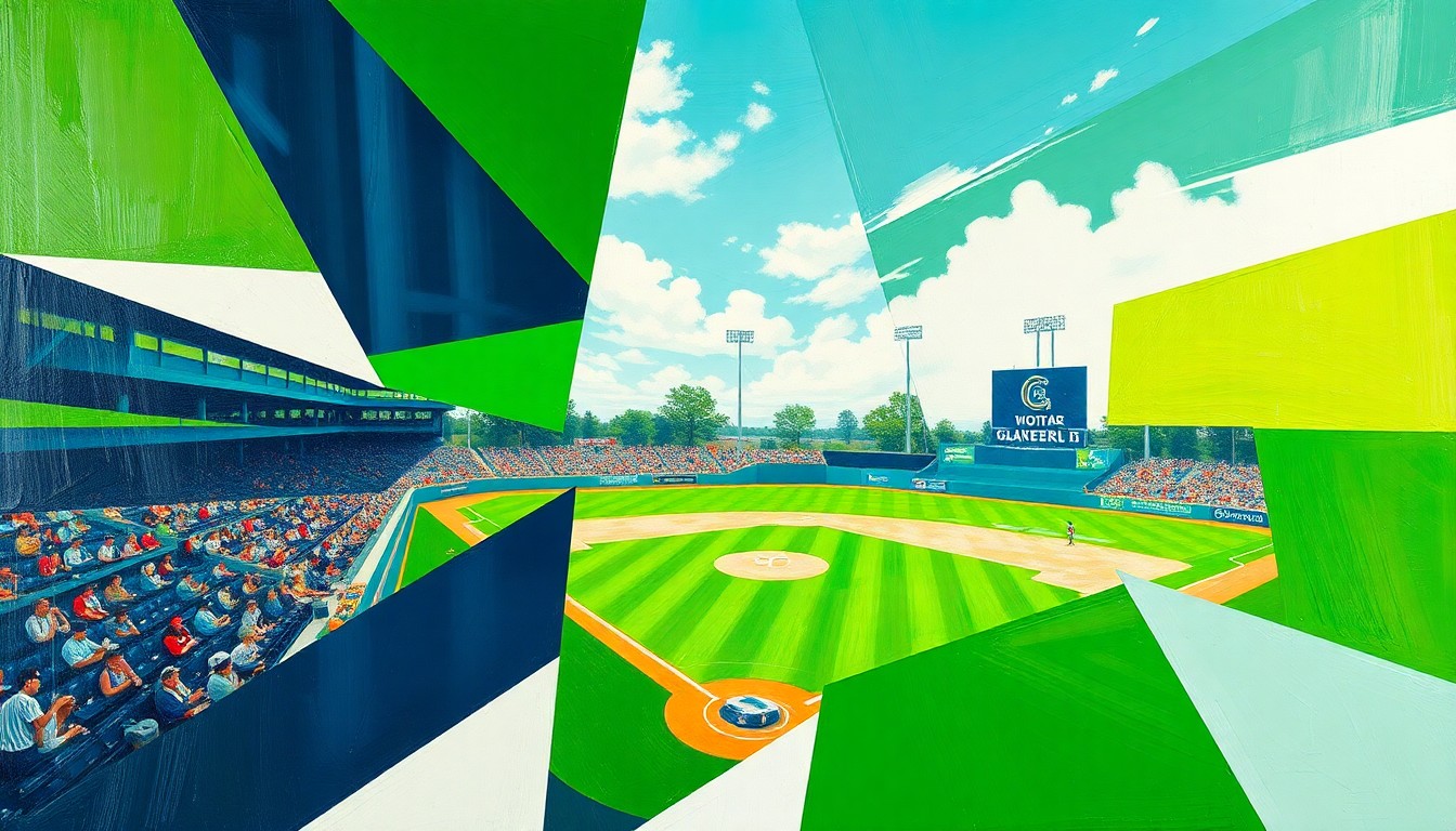 A fragmented, geometric painting featuring overlapping planes of green, navy, and white, conceptually representing the dynamic action and competitive energy of a high school baseball game.