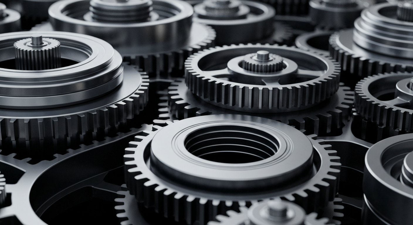 An extreme close-up of complex, interlocking metal gears and machinery in shades of silver, steel, and black, conceptually representing the financial and technological power of NVIDIA Corporation.